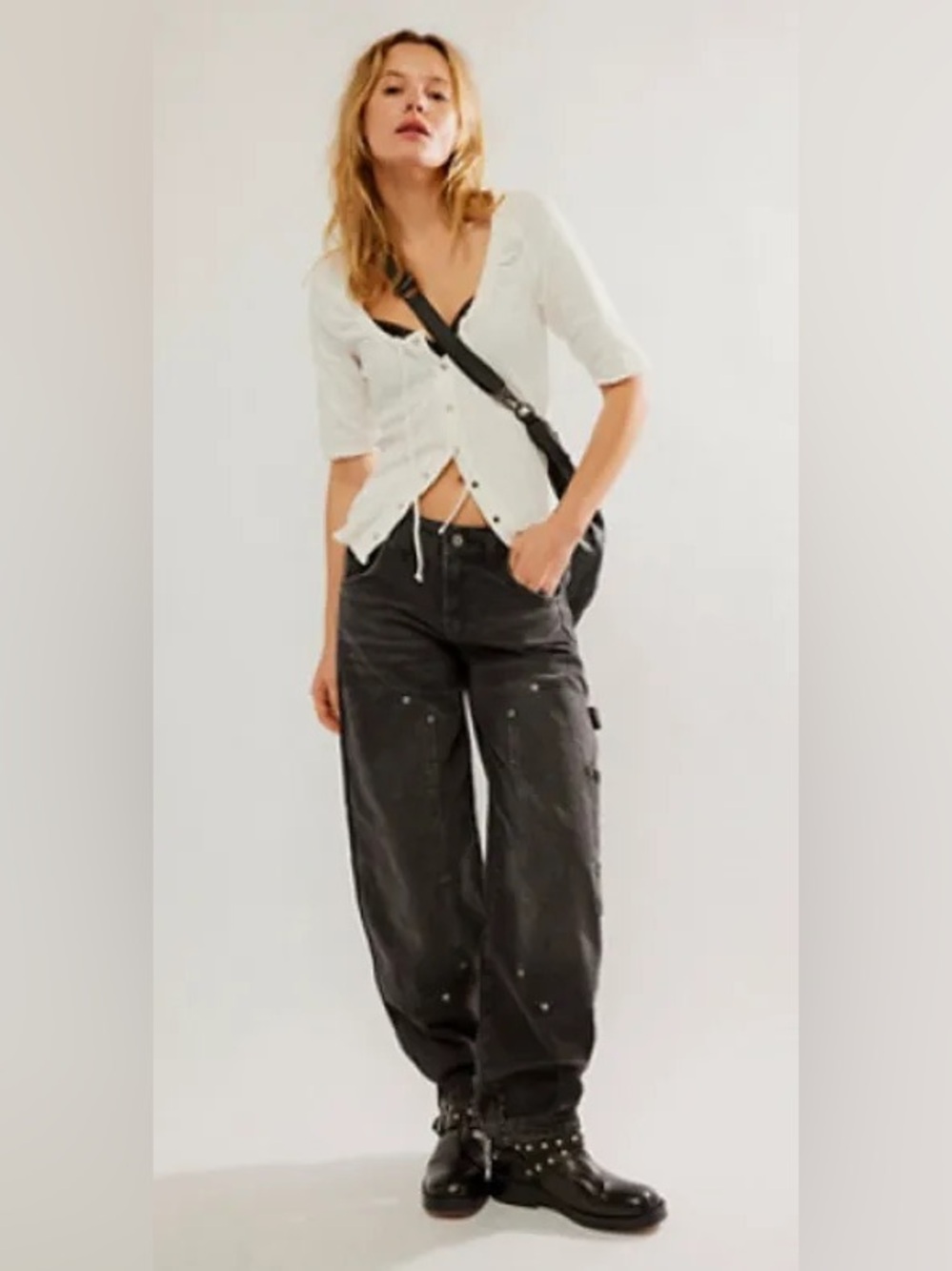 NEW Free People Loren Highrise Carpenter Barrel Charcoal Black Jeans Sz 30